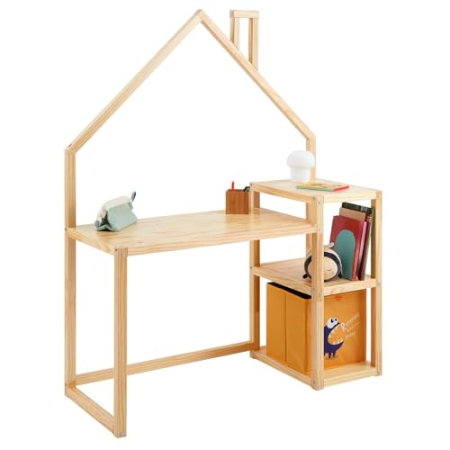 Kinderschreibtisch NIVIA Hausform Natur mit Regal Stauraum gefertigt aus Kiefer Massiv. Stabil langlebig perfekt für Kinderzimmer. Montessori-Möbel ideal für Hausaufgaben oder Bastelarbeiten. von IDIMEX