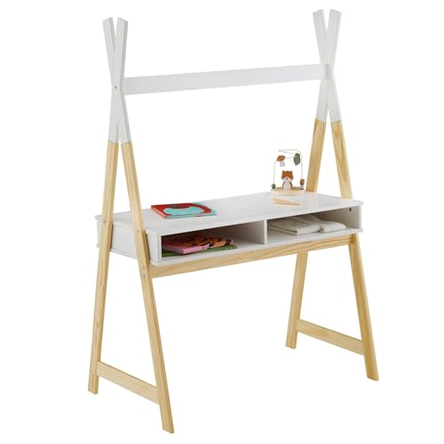 IDIMEX Kinderschreibtisch SIMI Tipiform Weiß Natur Kiefer-Massivholz - 2 offene Ablagefächer. Tipi Optik. Maltisch Basteltisch Schreibtisch für Kinder von IDIMEX