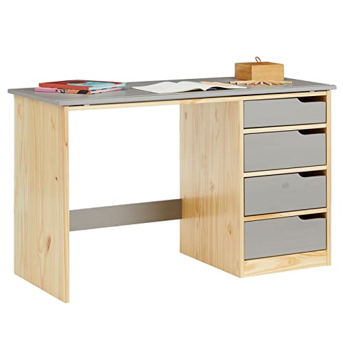 IDIMEX Kinderschreibtisch aus massiver Kiefer in Natur/grau, praktischer Schreibtisch mit neigungsverstellbarer Tischplatte, schöner Jugendschreibtisch mit 4 Schubladen von IDIMEX