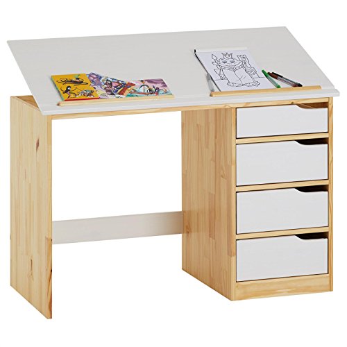 IDIMEX Kinderschreibtisch aus massiver Kiefer in Natur/weiß, praktischer Schreibtisch mit neigungsverstellbarer Tischplatte, schöner Jugendschreibtisch mit 4 Schubladen von IDIMEX