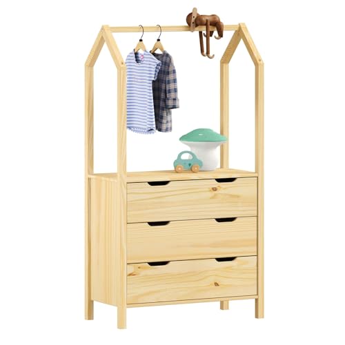 IDIMEX Kinderzimmer Kommode Amira mit Kleiderstange in Hausform - Natur, 3 Schubladen, integrierte Kleiderstange, Stauraum für Kleidung, Spielzeug, Bücher, Kiefernholz von IDIMEX
