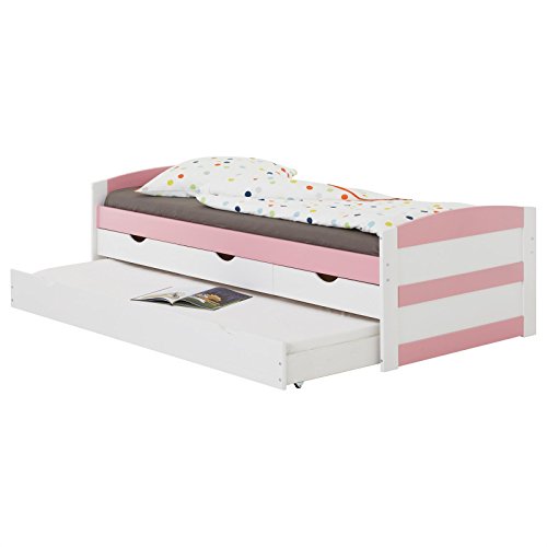IDIMEX Kojenbett Jessy aus massiver Kiefer in weiß/rosa, praktisches Gästebett mit Auszugbett, schönes Tagesbett mit 2 Schubladen von IDIMEX