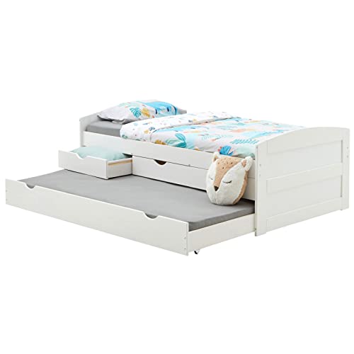 IDIMEX Kojenbett Jessy aus massiver Kiefer weiß, schönes Jugendbett mit 3 Schubladen, praktisches Funktionsbett mit Auszugbett, gemütliches Bett in 90 x 190 cm von IDIMEX