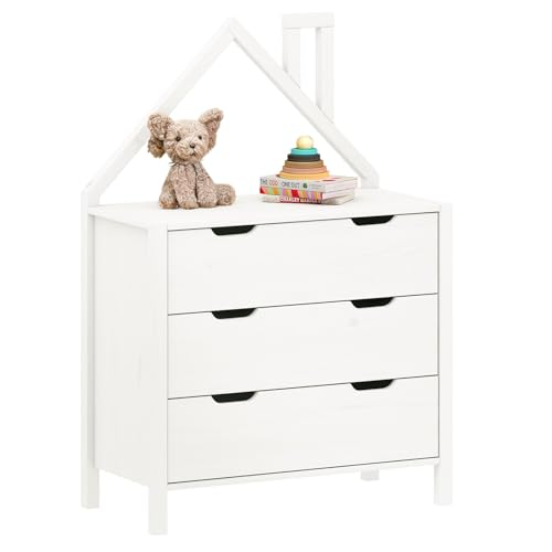 IDIMEX Kommode ELANO in Hausform - Weiß, massives Kiefernholz, 3 große Schubladen, Kinderzimmer Aufbewahrung, Kleiderschrank, Kinderzimmer möbel, Schubladenkommode von IDIMEX