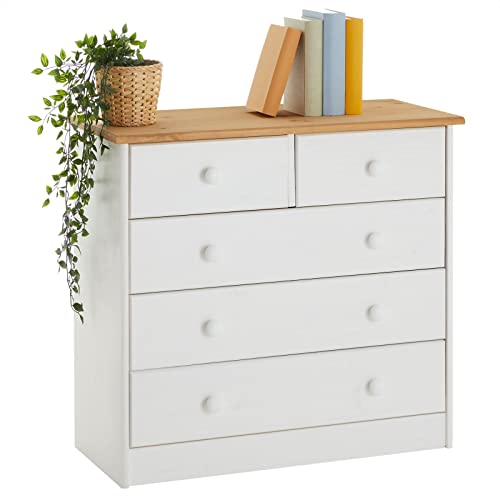 IDIMEX Kommode Rondo, schöne Anrichte mit 5 Schubladen, praktisches Sideboard aus massiver Kiefer in weiß/braun, Zeitlose Schubladenkommode mit Holzgriffe von IDIMEX