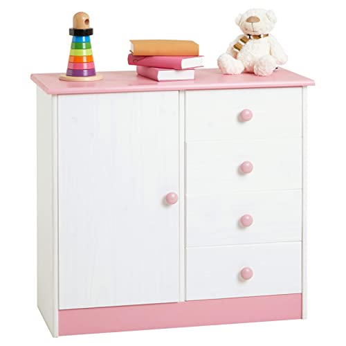 IDIMEX Kommode Rondo in weiß/rosa mit 4 Schubladen und 1 Tür, Schubladenschrank aus Kiefer im Landhausstil von IDIMEX