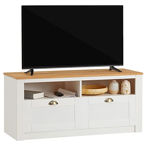 IDIMEX Lowboard Bolton aus massiver Kiefer in weiß/braun, schönes TV Board mit 2 Schubladen, praktischer Fernsehtisch mit 2 Fächer, stabile TV Möbel im Landhausstil von IDIMEX