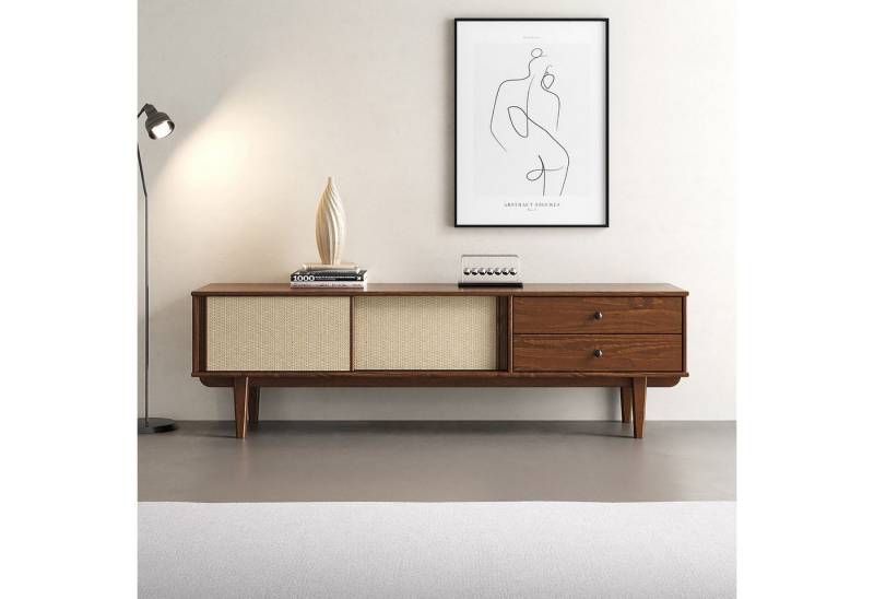 IDIMEX Lowboard SIMONA, TV Board für 75" mit Rattan Geflecht aus Massivholz Mid Century Stil K von IDIMEX