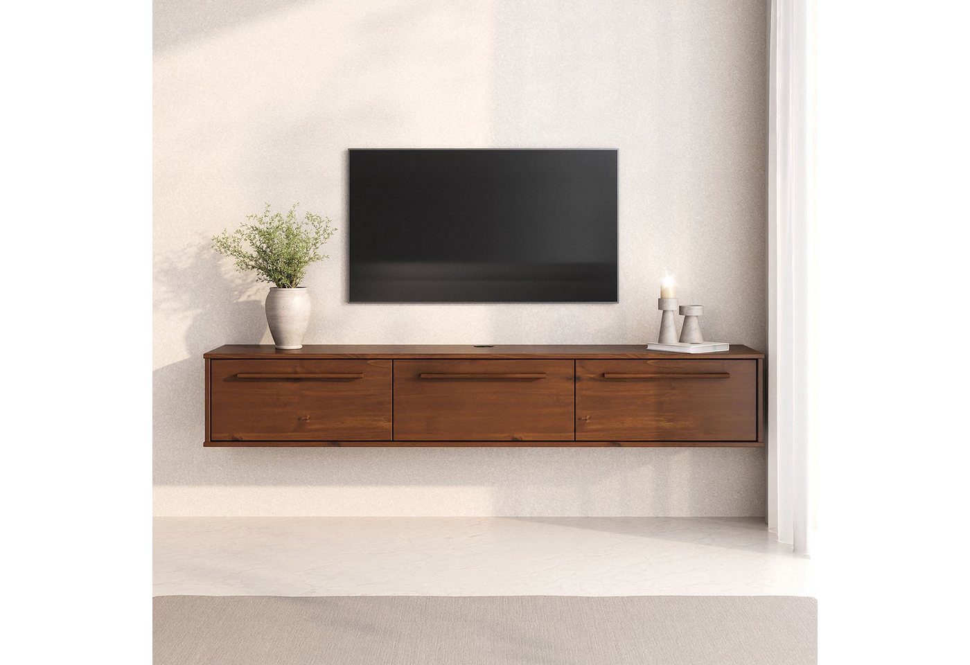 IDIMEX Lowboard TECCA, Hängekonsole mit 3 Klappen Massivholz Mid Century Stil Kastanie farben von IDIMEX