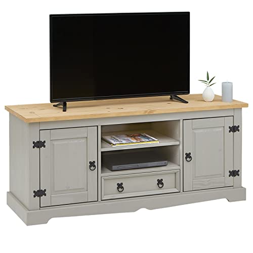 IDIMEX Lowboard Tequila im Mexiko Stil in grau/braun, Elegante TV Bank mit 2 Fächern aus massiver Kiefer, TV Unterschrank mit Türen und Schubladen von IDIMEX