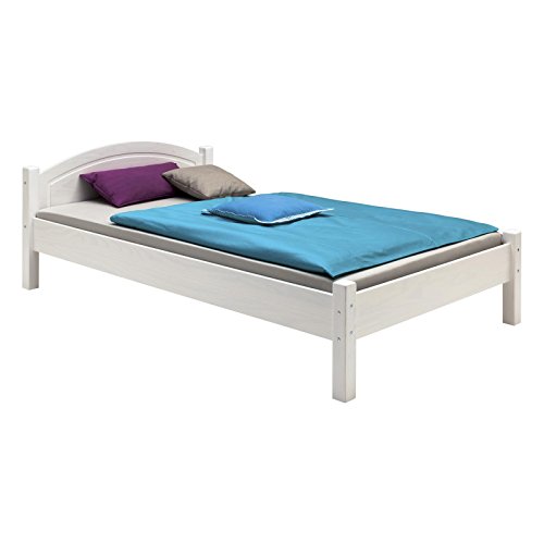 Massivholzbett Marie, Einzelbett in 100 x 200 cm, Bettrahmen aus Kiefer massiv in weiß, Bett mit Kopfteil von IDIMEX