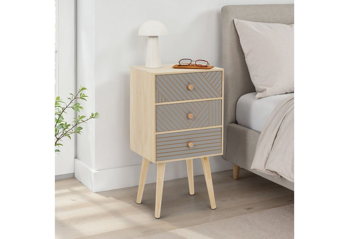 IDIMEX Nachtkommode PELO, Nachtkommode mit 3 Schubladen aus Paulowina Holz Natur/Grau IDIMEX Nachtkommode PELO, Nachtkommode mit 3 Schubladen aus Paulowina Holz Natur/Grau von IDIMEX