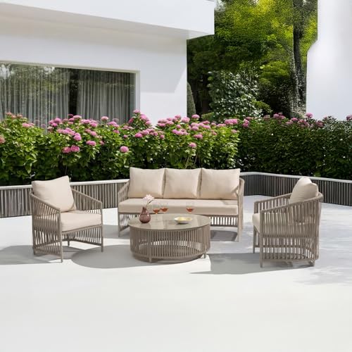 IDIMEX Outdoor Sofa Set KULO 4-teilig, Champagne – Lounge-Set aus Aluminium mit Rope-Bespannung, Couchtisch mit Glasplatte, inklusive 5 bequemer Kissen, wetterfest für Balkon Terrasse Garten von IDIMEX