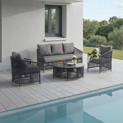 IDIMEX Outdoor Sofa Set KULO 4-teilig, grau – Lounge-Set aus Aluminium mit Rope-Bespannung, Couchtisch mit Glasplatte, inklusive 5 bequemer Kissen, wetterfest für Balkon Terrasse Garten von IDIMEX