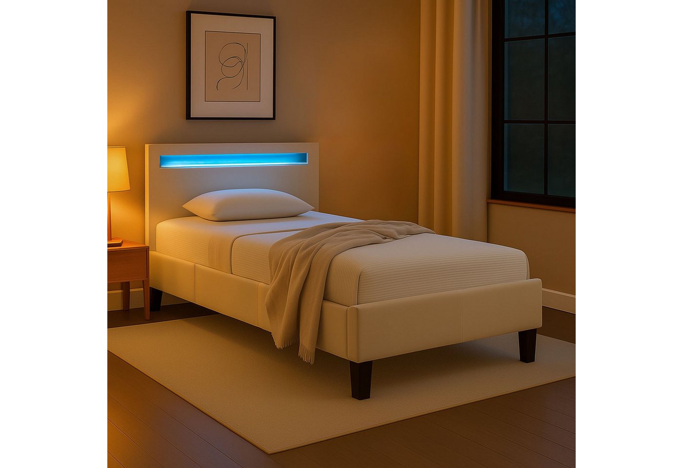 IDIMEX Polsterbett BAGO, Jugendbett mit LED Beleuchtung & Lattenrost Samtbezug cremeweiß von IDIMEX