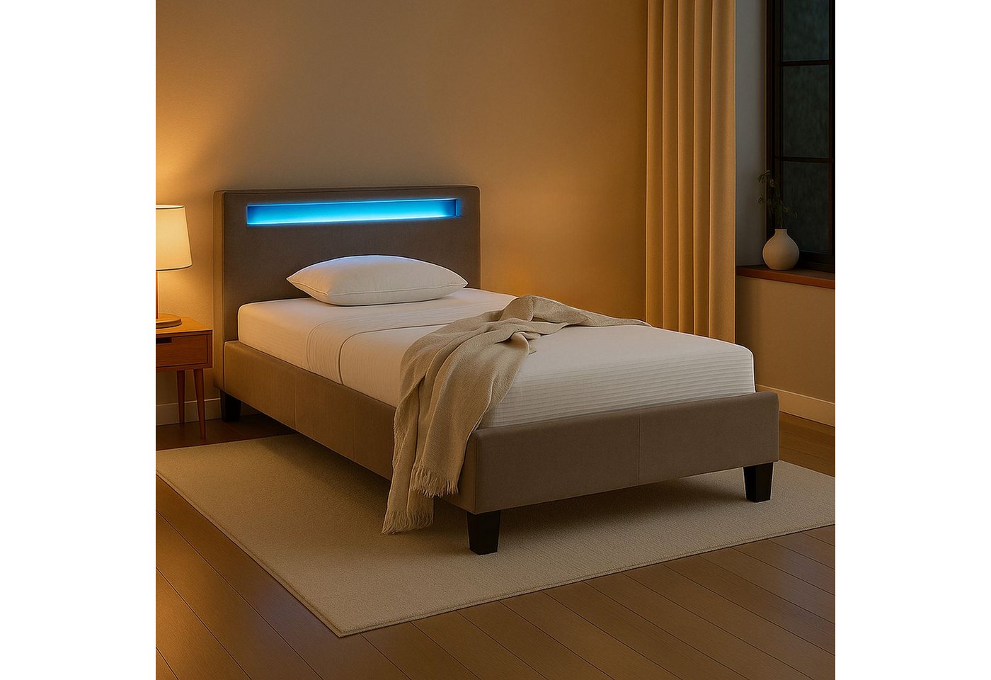 IDIMEX Polsterbett BAGO, Jugendbett mit LED Beleuchtung & Lattenrost Samtbezug greige von IDIMEX
