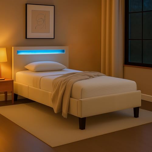 IDIMEX Polsterbett BAGO 90 x 200 cm, inkl LED Beleuchtung - Jugendbett mit Lattenrost, Stoffbezug in Cremeweiß von IDIMEX