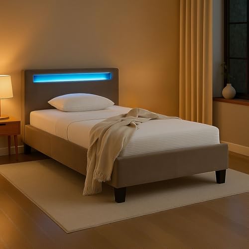 IDIMEX Polsterbett BAGO 90 x 200 cm, inkl LED Beleuchtung - Jugendbett mit Lattenrost, Stoffbezug in Greige von IDIMEX