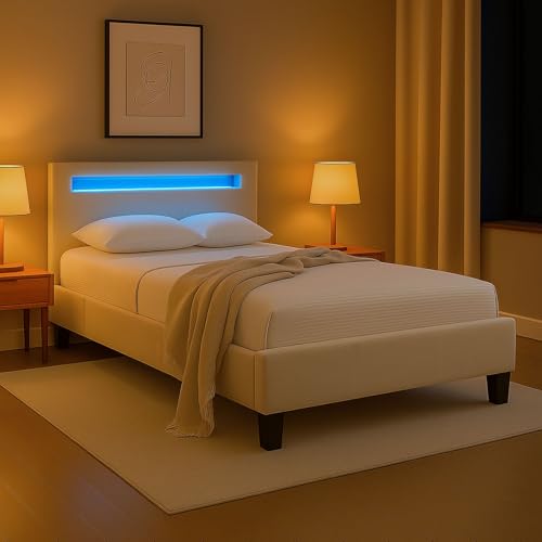 IDIMEX Polsterbett LASHIO mit LED Beleuchtung im Kopfteil 120x200 cm, Cremeweiß – modernes Bett mit Samt Stoffbezug, Jugendzimmer IDIMEX Polsterbett LASHIO mit LED Beleuchtung im Kopfteil 120x200 cm, Cremeweiß – modernes Bett mit Samt Stoffbezug, Jugendzimmer von IDIMEX