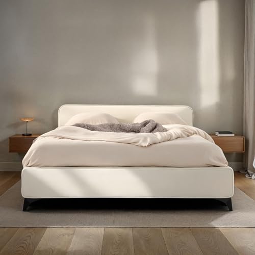 IDIMEX Polsterbett LAVORO Einzelbett 140x200, cremeweiß - Bett mit Lattenrost und Samtstoffbezug, Bettgestell mit gepolstertem Kopfteil, modernes Design, Robuster Holzrahmen & Metallbeine von IDIMEX