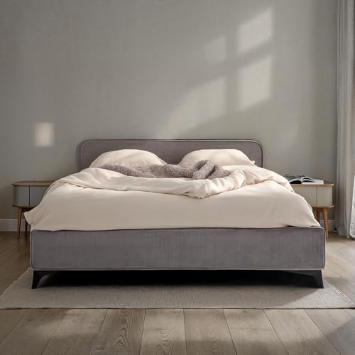 IDIMEX Polsterbett LAVORO Einzelbett 140x200, grau - Bett mit Lattenrost und Samtstoffbezug, Bettgestell mit gepolstertem Kopfteil, modernes Design, Robuster Holzrahmen & Metallbeine von IDIMEX