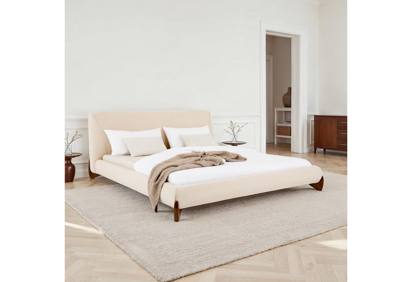IDIMEX Polsterbett PATERNA, Doppelbett 180x200 cm mit Lattenrost und Polsterung Bouclé Stoff beige von IDIMEX