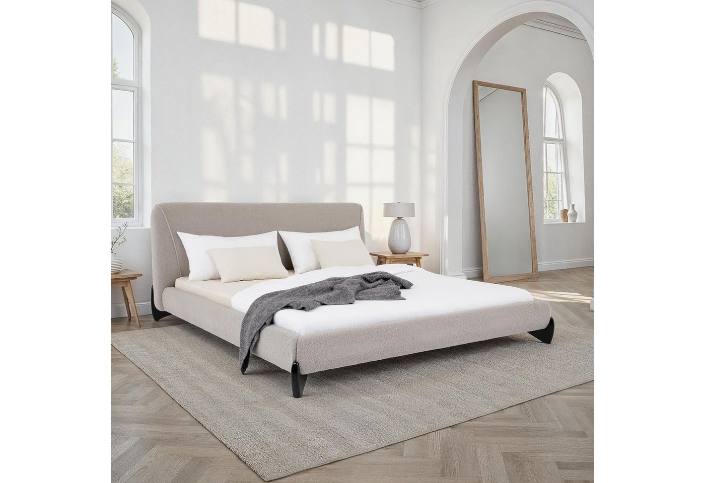 IDIMEX Polsterbett PATERNA, Doppelbett 180x200 cm mit Lattenrost und Polsterung Bouclé Stoff grau von IDIMEX