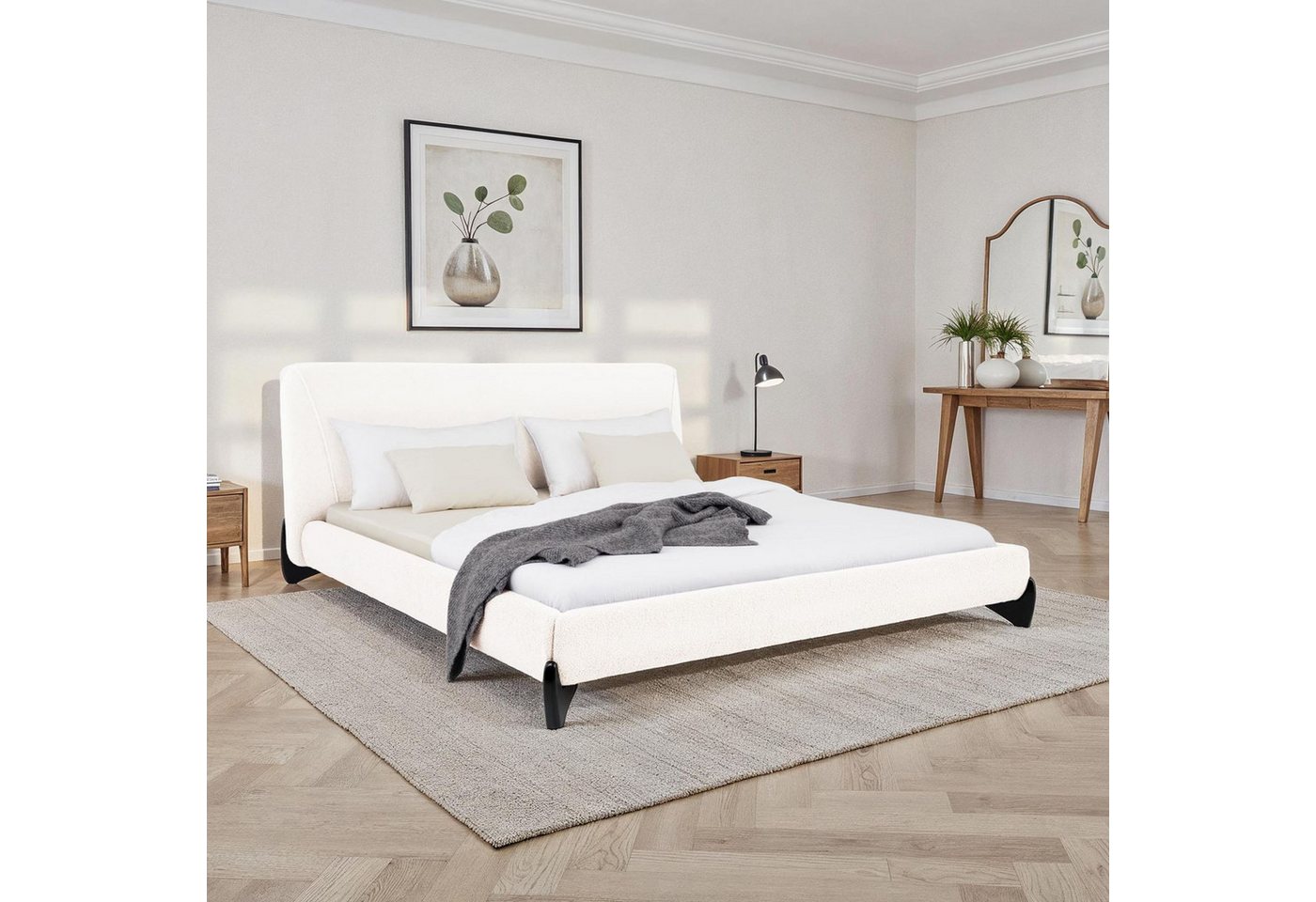 IDIMEX Polsterbett PATERNA, Doppelbett 180x200 cm mit Lattenrost und Polsterung Bouclé Stoff weiß von IDIMEX