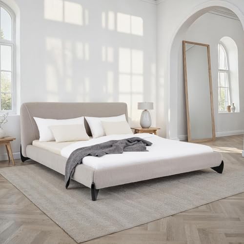 IDIMEX Polsterbett PATERNA gepolstert 180 x 200 cm, grau – modernes Doppelbett mit stabilem Lattenrost aus Holz, Bouclé Stoffbezug und Holzbeine Mid Century Design von IDIMEX