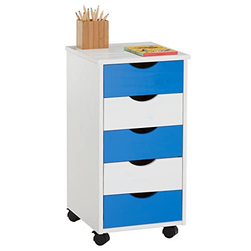 IDIMEX Rollcontainer Lagos, schöner Bürocontainer aus massiver Kiefer weiß/blau lackiert, praktischer Rollwagen mit 5 Schubladen, rollbarer Schubladencontainer mit 4 Doppelrollen von IDIMEX