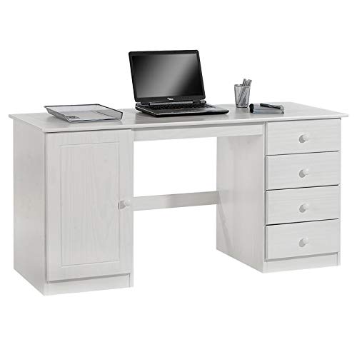 IDIMEX Schreibtisch Computertisch PC-Schreibtisch, Kiefer massiv in weiß lackiert mit Vier Schubladen von IDIMEX