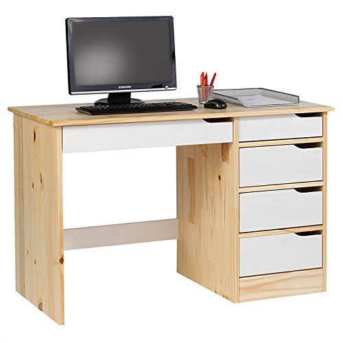 IDIMEX Schreibtisch Hugo aus massiver Kiefer in Natur/weiß, schöner Schülerschreibtisch mit 5 Schubladen, praktischer Bürotisch mit Querstrebe für Stabilität von IDIMEX