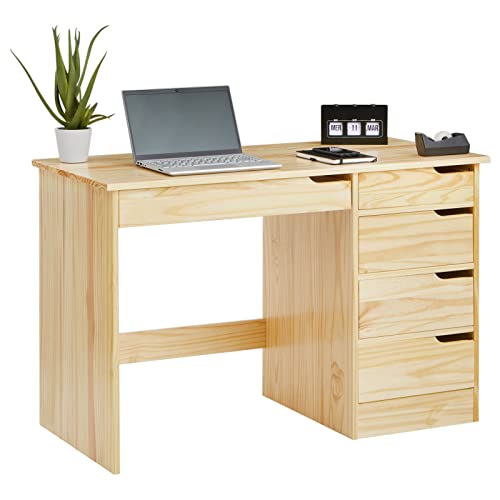 IDIMEX Schreibtisch Hugo aus massiver Kiefer in Natur, schöner Schülerschreibtisch mit 5 Schubladen, praktischer Bürotisch mit Querstrebe für Stabilität von IDIMEX