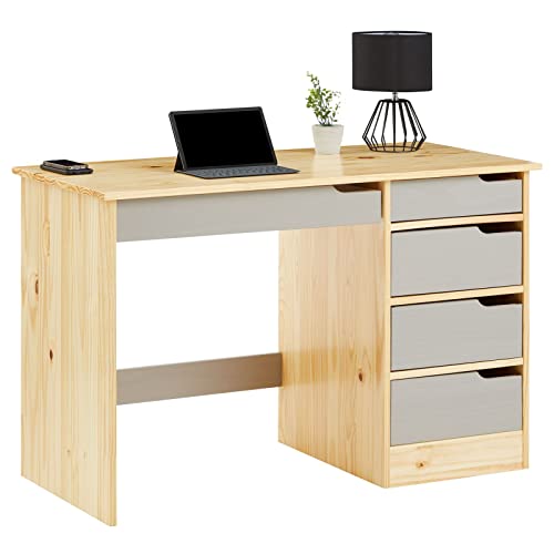 IDIMEX Schreibtisch Hugo aus massiver Kiefer in Natur/grau, schöner Schülerschreibtisch mit 5 Schubladen, praktischer Bürotisch mit Querstrebe für Stabilität von IDIMEX