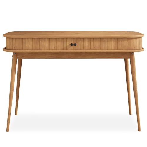 IDIMEX Schreibtisch JARI mit aufschiebbaren Fronten in Lamellenoptik, eichefarben - moderner Home Office Tisch aus Massivholz mit konischen Füßen, PC Tisch aus langlebigem Material von IDIMEX