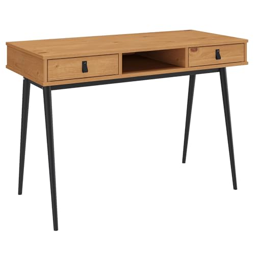 IDIMEX Schreibtisch Kim mit 2 Schubladen aus Massivholz, eichefarben/schwarz - Home-Office Tisch mit offenem Fach, Bürotisch mit 2 Schubladen und Ledergriffen von IDIMEX