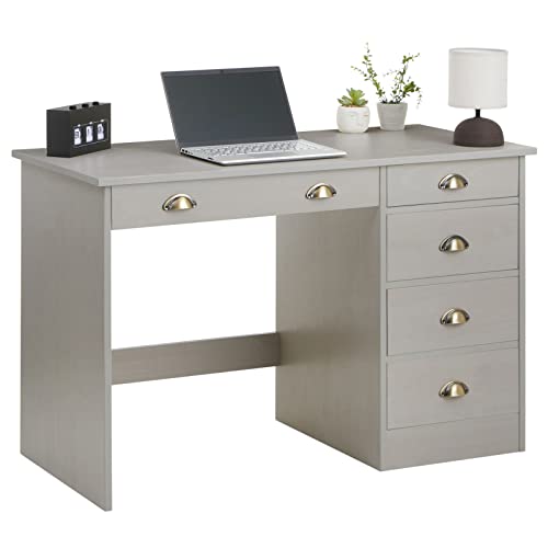 IDIMEX Schreibtisch Lana aus massiver Kiefer in grau, schöner Computertisch mit 5 Schubladen, praktischer Bürotisch mit Muschelgriffe von IDIMEX