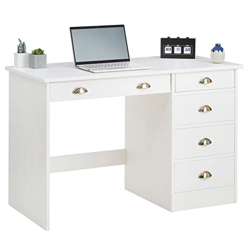 IDIMEX Schreibtisch Lana aus massiver Kiefer in weiß, schöner Computertisch mit 5 Schubladen, praktischer Bürotisch mit Muschelgriffe von IDIMEX