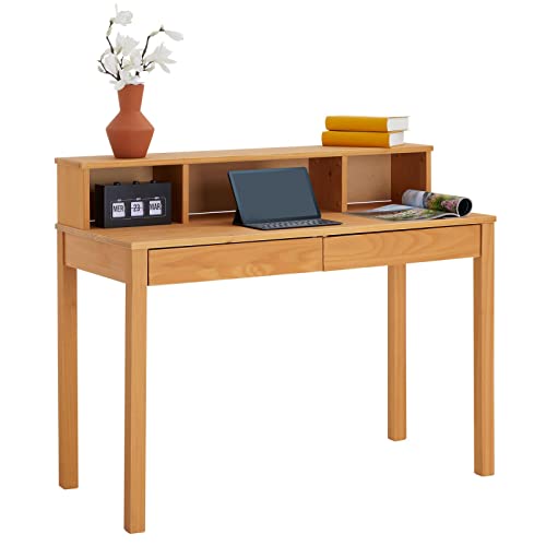 IDIMEX Schreibtisch Lennox, schöner Computertisch mit 3 Nischen, praktischer PC Tisch mit 2 Schubladen, Zeitloser Computertisch aus massiver Kiefer in braun von IDIMEX