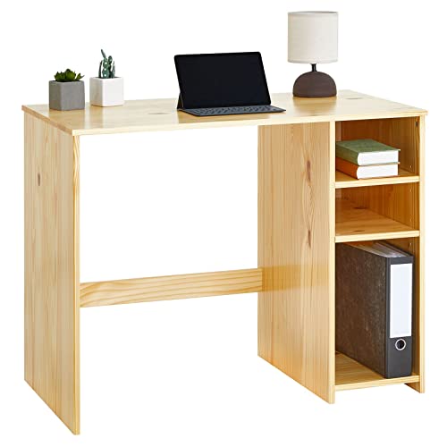 IDIMEX Schreibtisch Liam, schöner Computertisch mit Regal, praktischer Bürotisch mit 2 verstellbaren Einlegeböden, Zeitloser Arbeitstisch aus massiver Kiefer in Natur von IDIMEX
