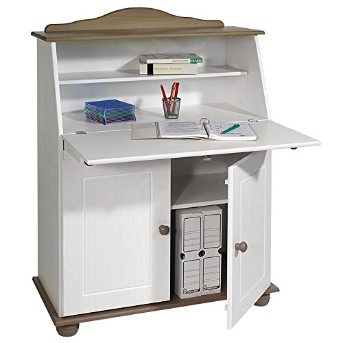 IDIMEX Sekretär Schreibtisch Landhausstil Kommode Klappensekretär Schreibkommode David Colmar, Kiefer massiv, Taupe/weiß von IDIMEX