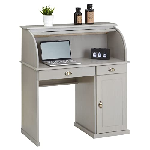 IDIMEX Sekretär Tom aus massiver Kiefer in grau, schöner Bürotisch mit 2 Schubladen und 1 Tür, praktischer Arbeitstisch mit Rollladen von IDIMEX