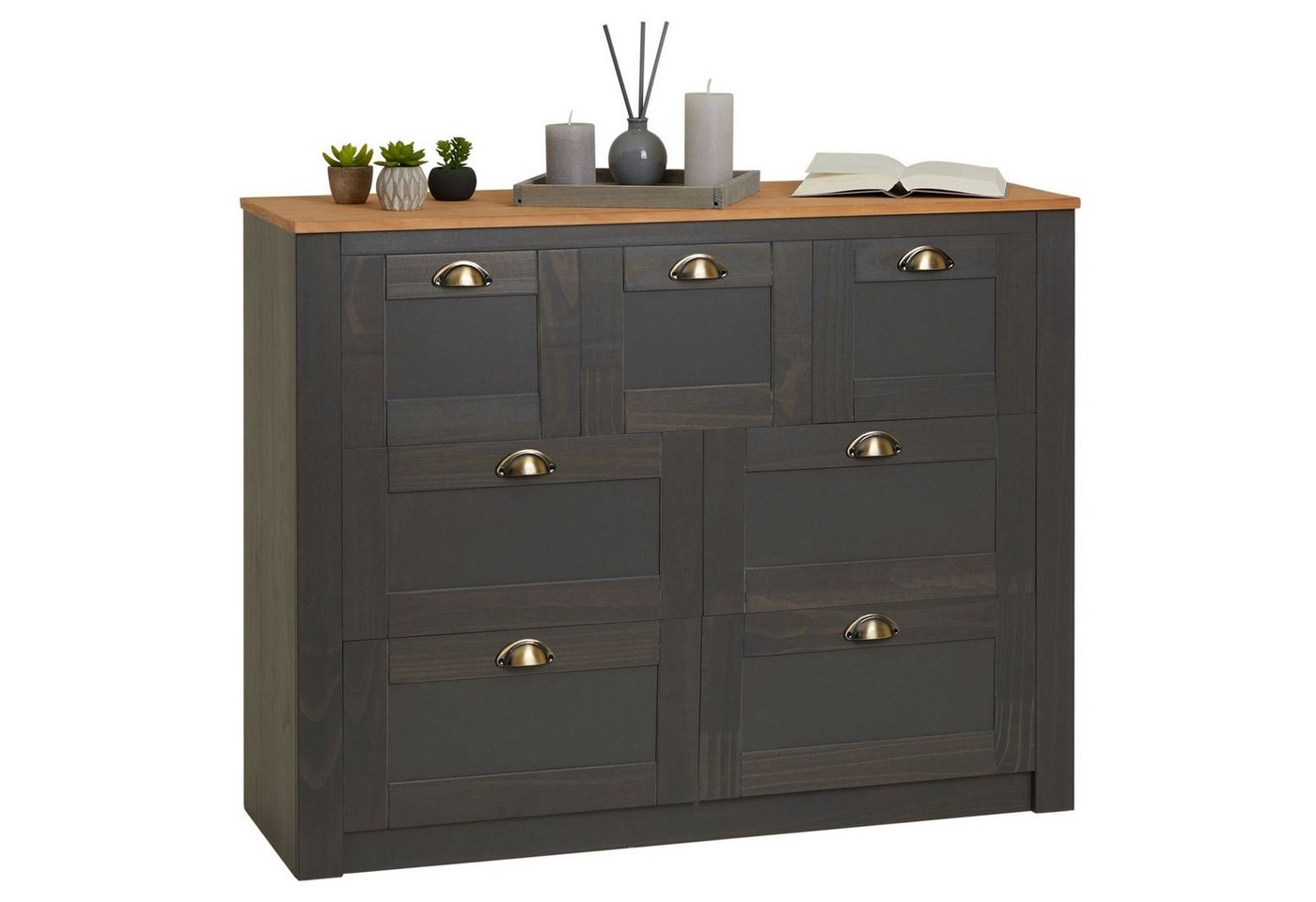 IDIMEX Sideboard BOLTON, Sideboard aus Kiefer anthrazit/braun mit 7 Schubladen und Muschelgriff von IDIMEX