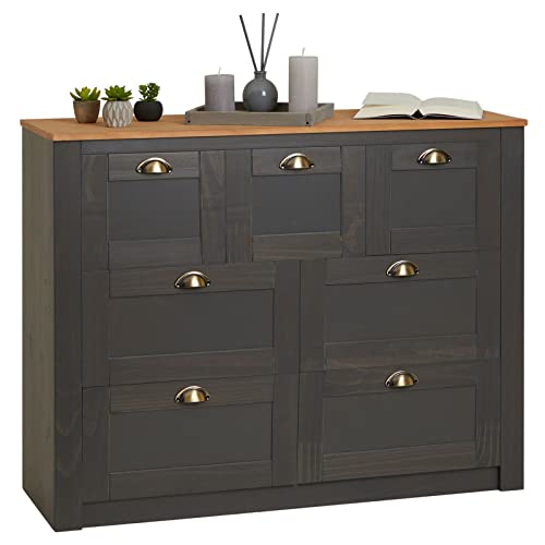 IDIMEX Sideboard Bolton aus Kiefer anthrazit/braun Massivholz, Kommode mit 7 Schubladen mit Muschelgriffen, Sideboard im Landhausstil aus Massivholz von IDIMEX