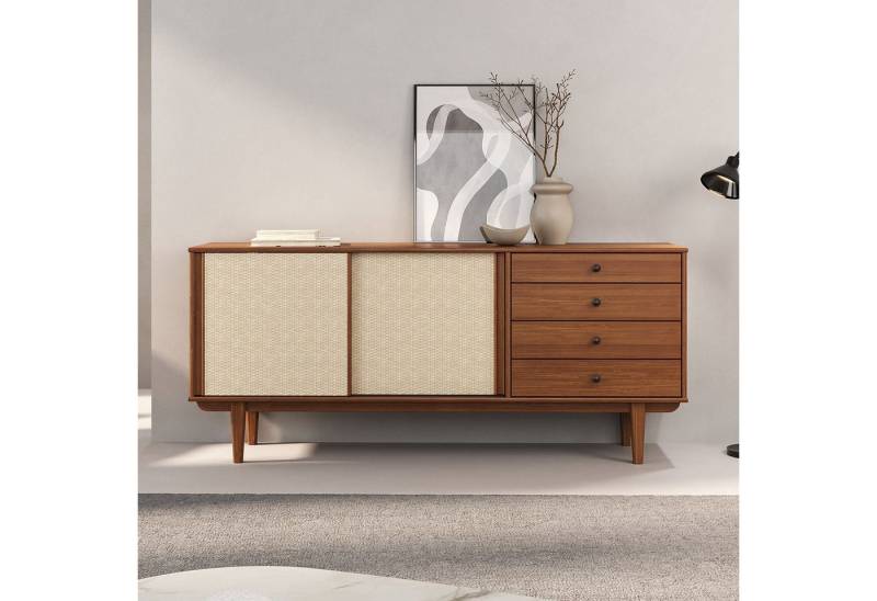 IDIMEX Sideboard SIMONA, Anrichte Kommode Rattan Geflecht Schiebetüren 4 Schubladen Massivholz von IDIMEX