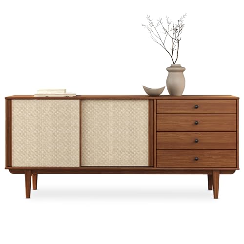 IDIMEX Sideboard Simona mit Rattan-Geflecht 175cm, kastanien Optik – 4 Schubladen und 2 Schiebetüren, Flurkommode mit Einlegeboden, Wohnzimmer von IDIMEX