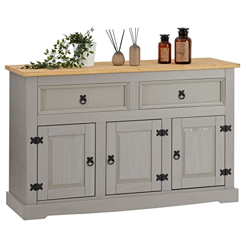 IDIMEX Sideboard Tequila Kommode mit 3 Türen 2 Schubladen, Schubladenschrank massiver Kiefer grau/braun Buffetschrank Geschirrschrank von IDIMEX