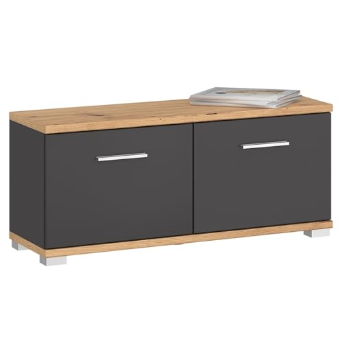 IDIMEX Sitzbank BILBAO mit 2 Türen & 4 Fächern in Artisan Eiche/Kosmos Grau, belastbar bis 100 kg Schuhregal mit Sitzfläche Schuhbank Garderobenbank Flurmöbel von IDIMEX