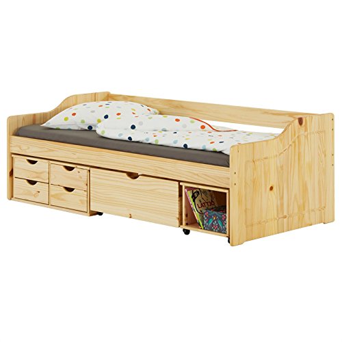 IDIMEX Bett mit Stauraum Senta Kinderbett Jugendbett Bett 90x200 Kiefer Natur Tagesbett Gästebett von IDIMEX