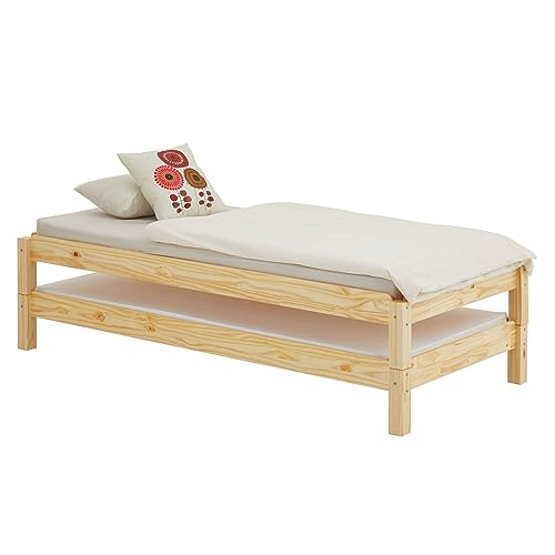 IDIMEX Stapelbett RINO 90x190 cm 2er Set in Natur aus Kiefer Massivholz, Kinderbett mit Gästebett aus massivem Holz, platzsparendes Stapelliege Massivholzbett von IDIMEX